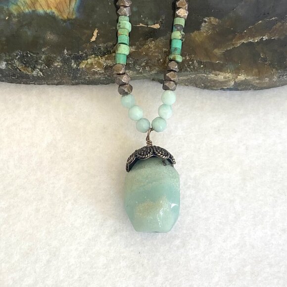 Sterling Silver 925 Turquoise Quartz Green Calcite Beaded Pendant Necklace 18" - Picture 11 of 16